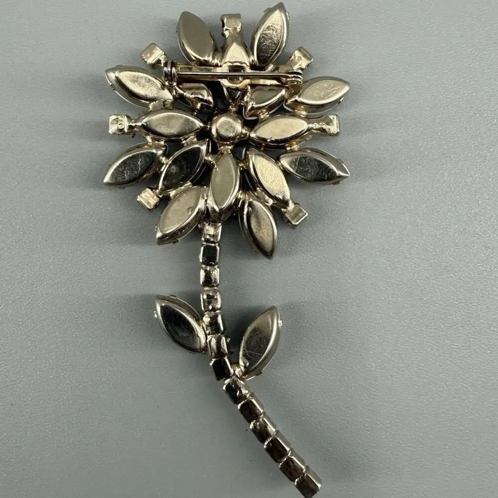 Vintage White Milk Glass Rhinestone Flower Brooch Pink AB Blue Floral Stem Pin